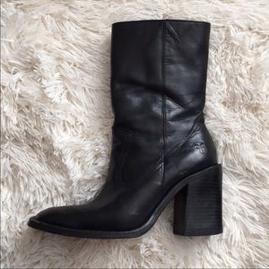 Frye black leather high heeled boots.